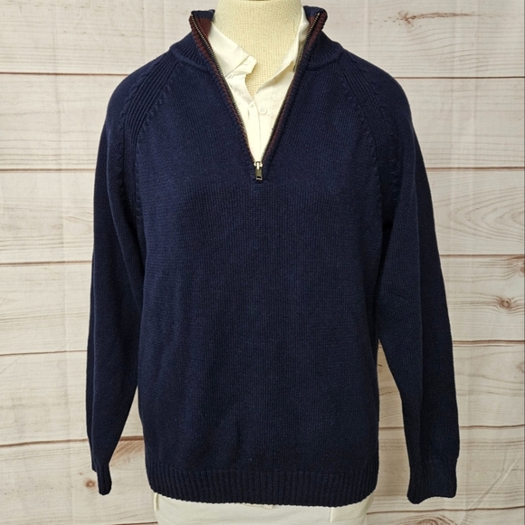Oscar de La Renta Ribbed Knit Quarter Zip Sweater In Navy And Burgundy Sz Large - Picture 1 of 9